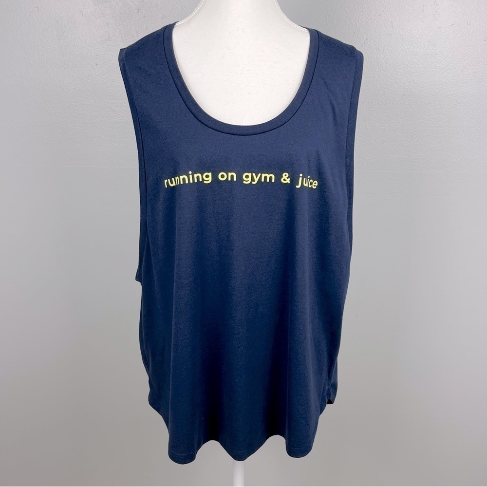 Fabletics navy low cut side “running on gym & juice” tank top, XXL.